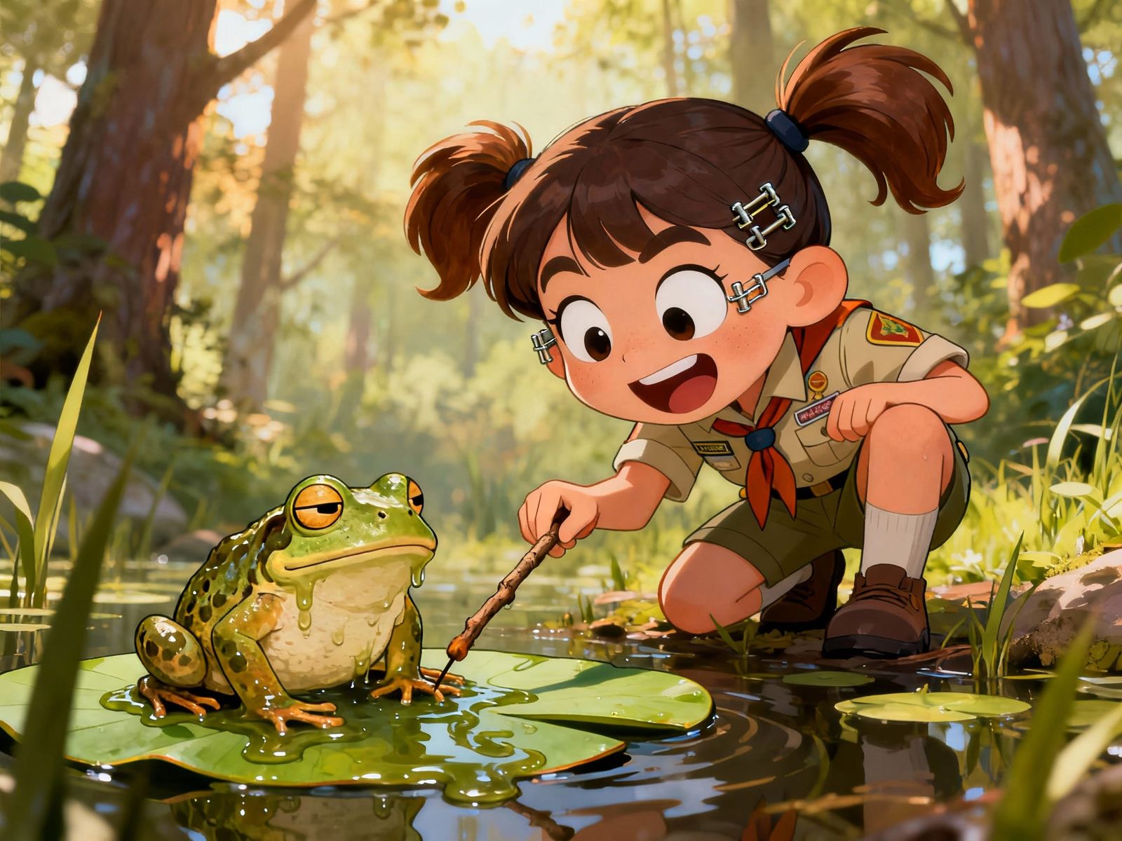Dorky Girl Pokes Bored Frog in Forest