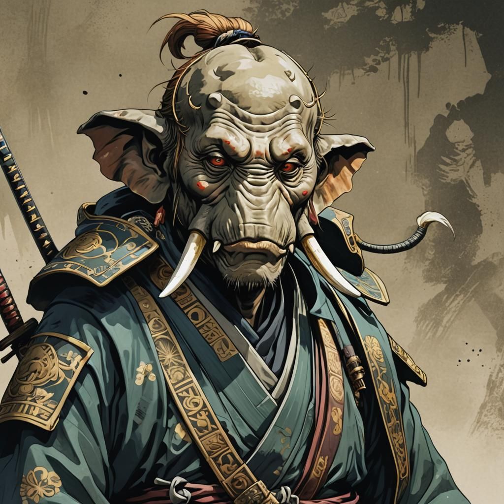 Elephant Samurai Portrait in Anime Style