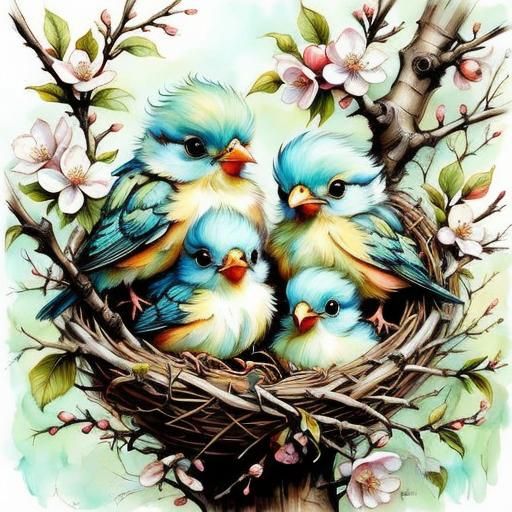 Pastel Baby Birds in Nest, Fantasy Art