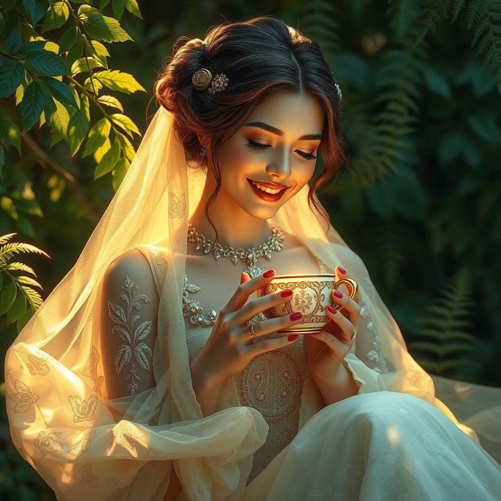 Ethereal Goddess with Coffee Cup: High-Fantasy Concept Art
