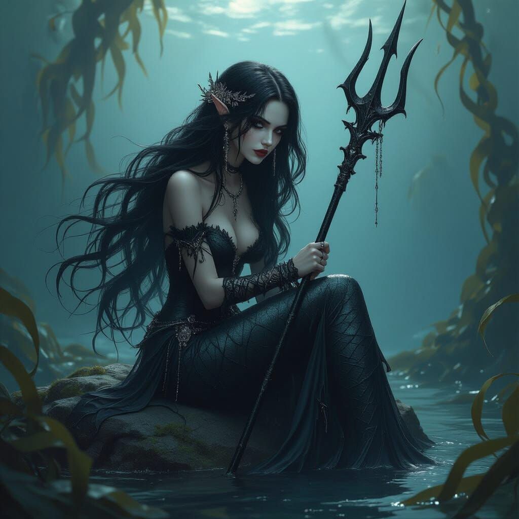 Gothic Mermaid in Kelp Forest, Dark Fantasy Art