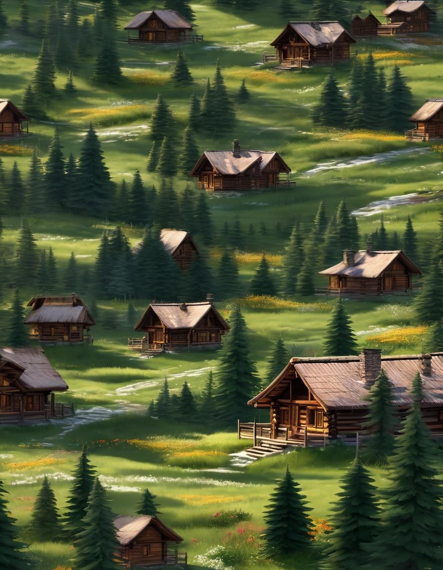 Serene Anime Meadow with Cabin and Mountains