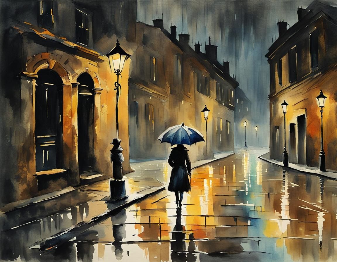 Rainy Night Street Scene in Watercolor Gouache Style