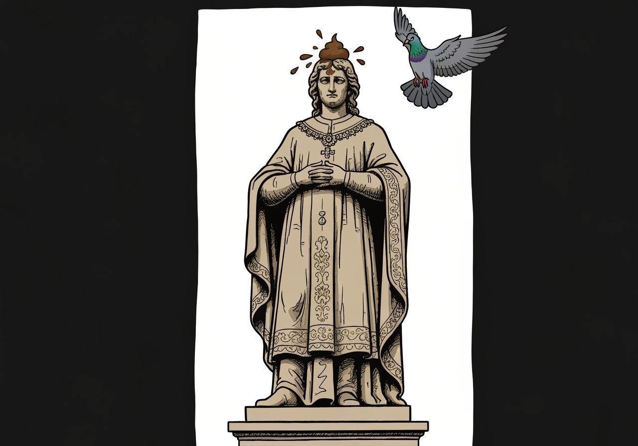 Majestic Statue Defiled by Pigeon in Whimsical Hand-Drawn St...