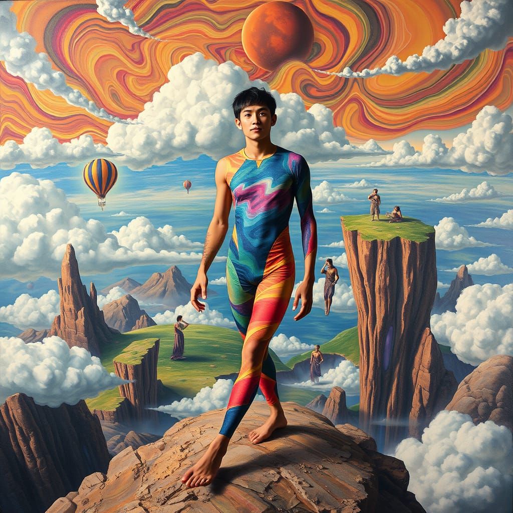 Dreamlike Landscape Explored by Asian Man in Surrealist Styl...