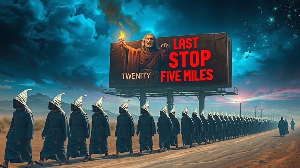 Monks Marching Past Scarecrow Billboard in Desert