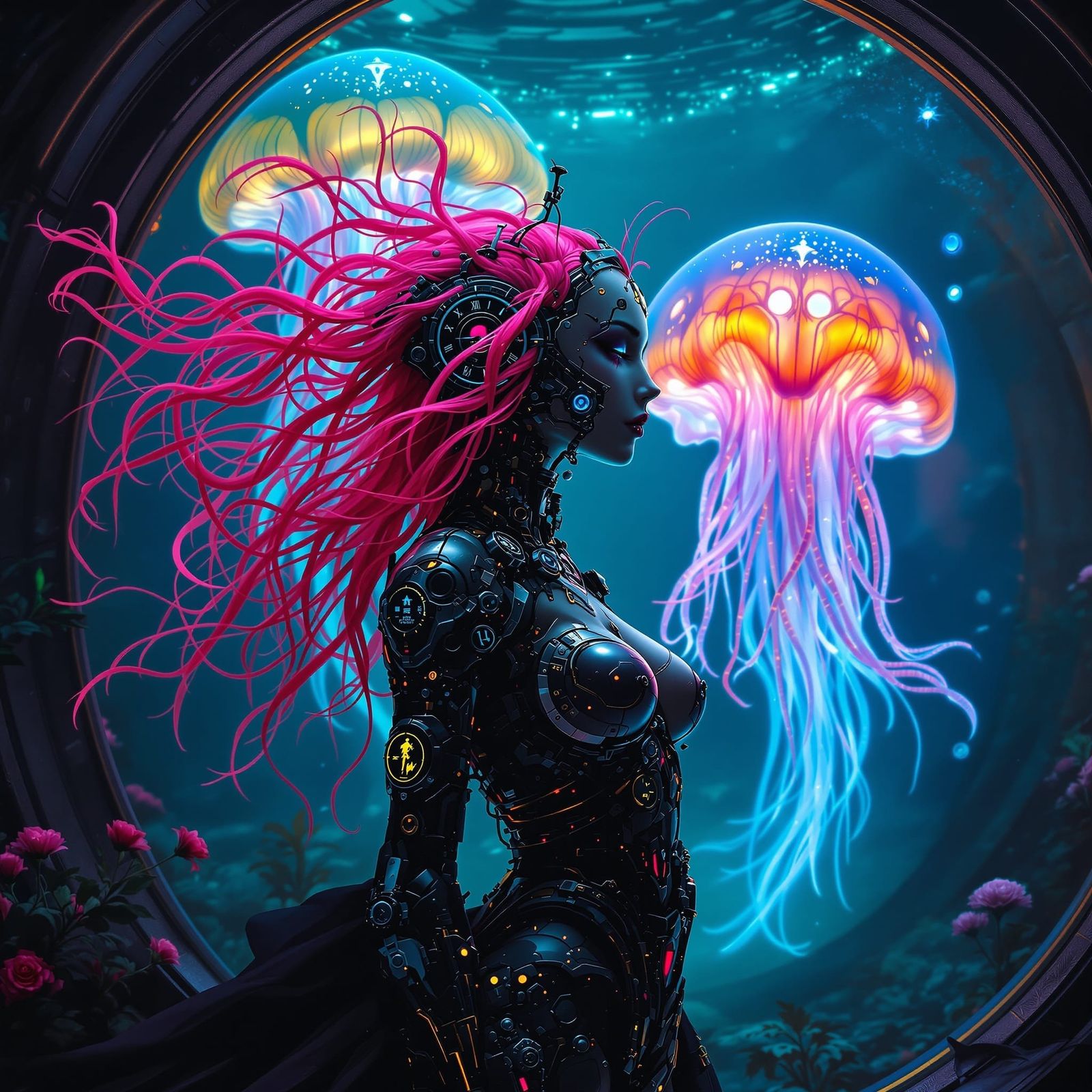 Gothic Clockwork Automaton with Bioluminescent Jellyfish