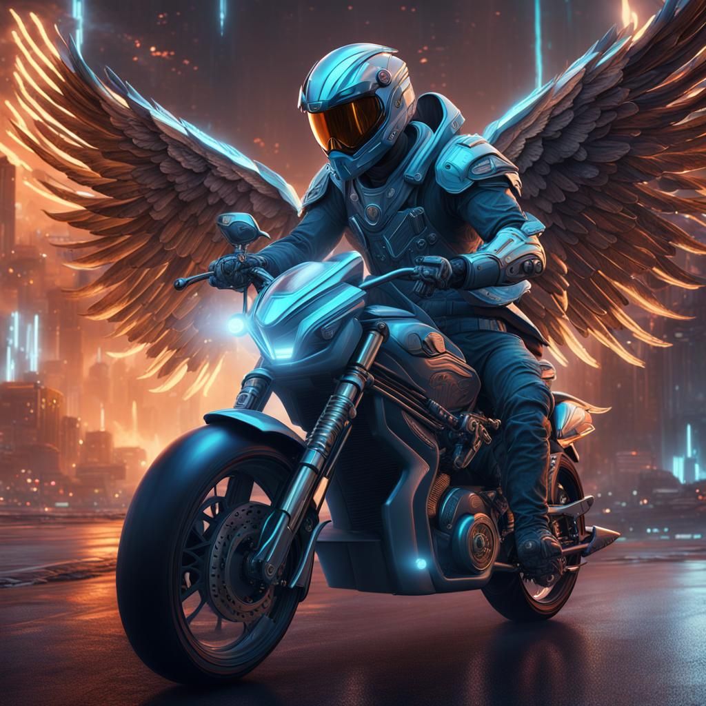 Ethereal Archangel on Motorcycle: Detailed Matte Painting