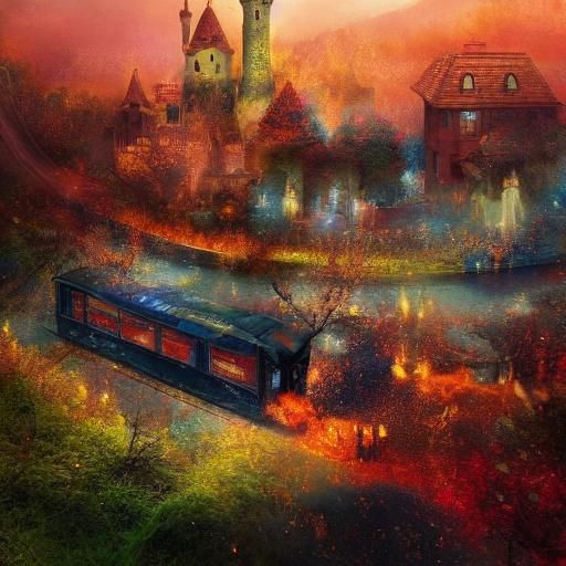 Village Emerges from Flames in Magical Realism Style