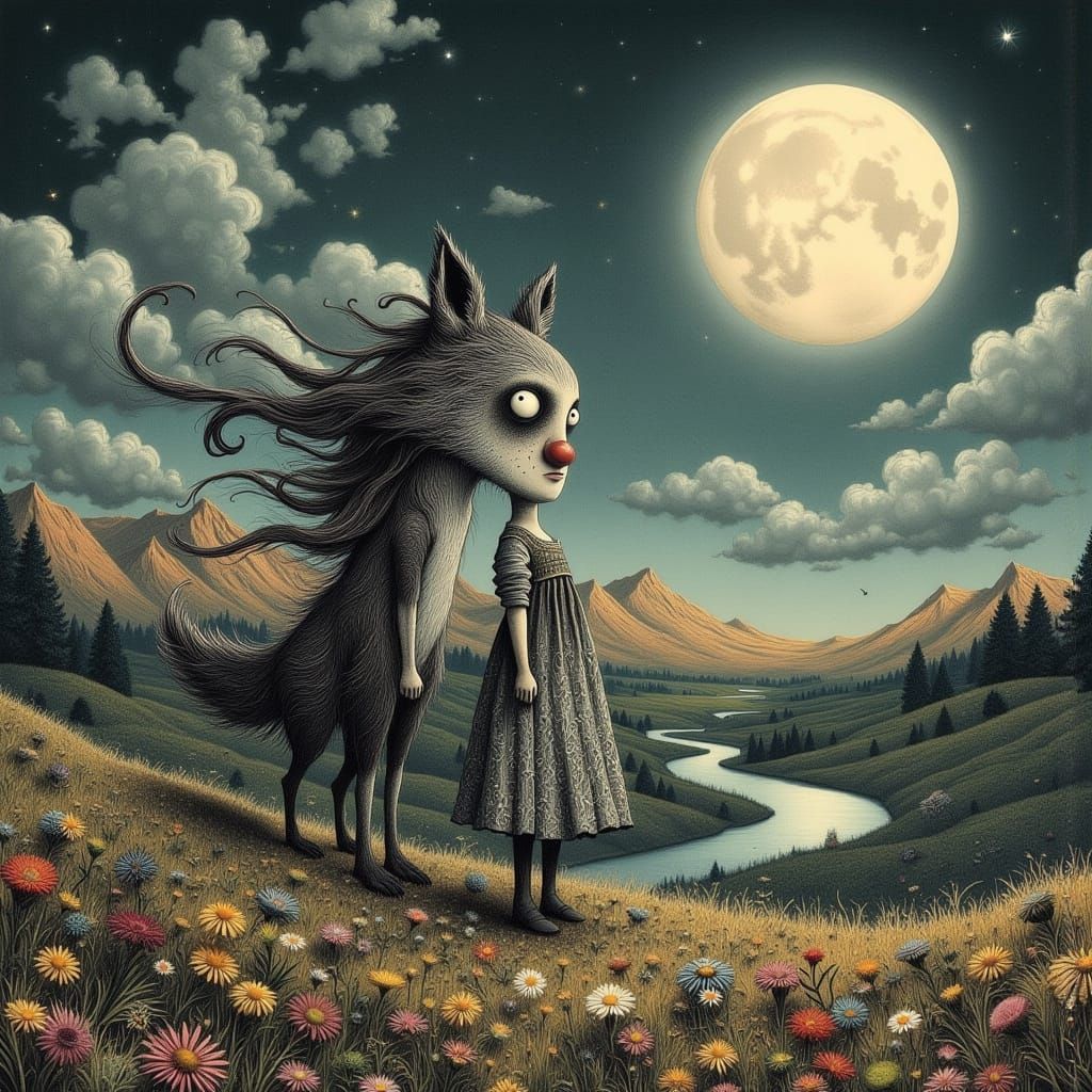 Wolf and Moon in Dreamy Landscape Art
