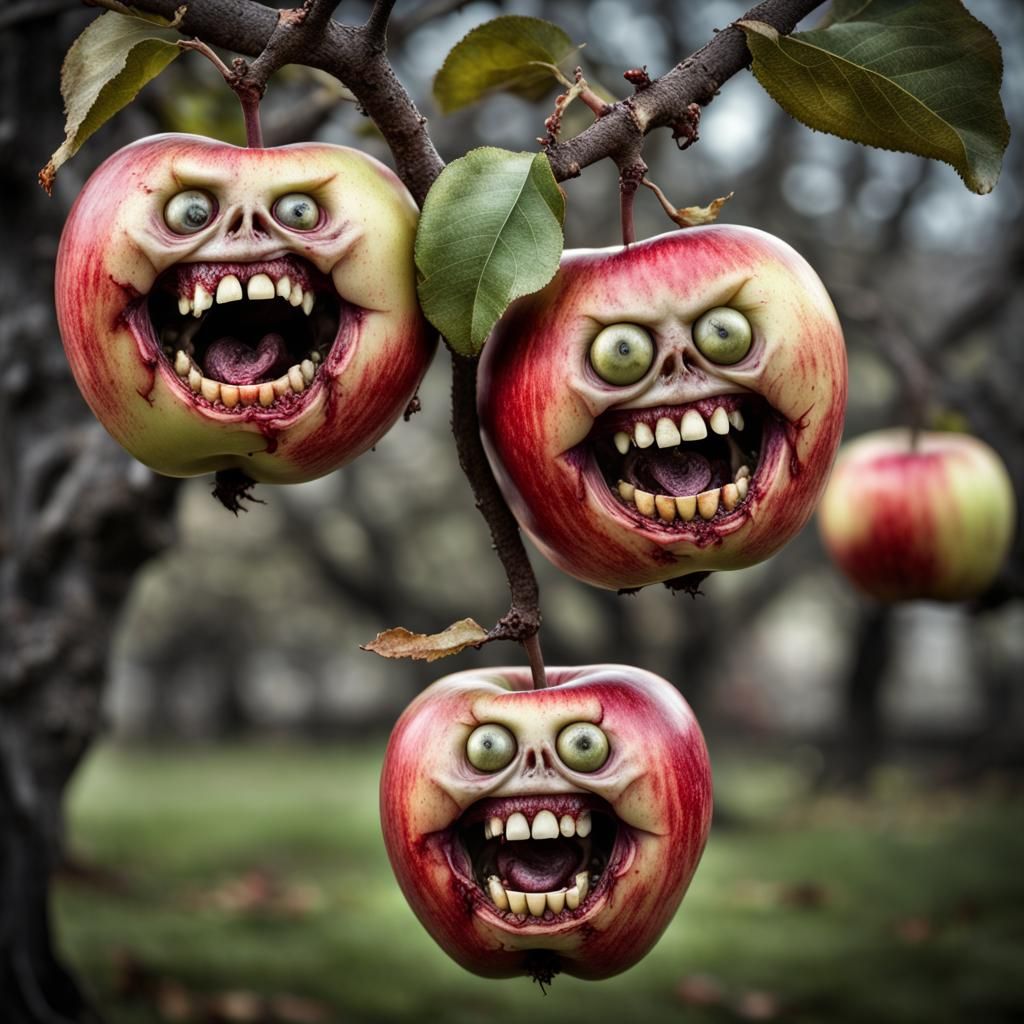 Hyperrealistic Zombie Apples Hanging on a Tree