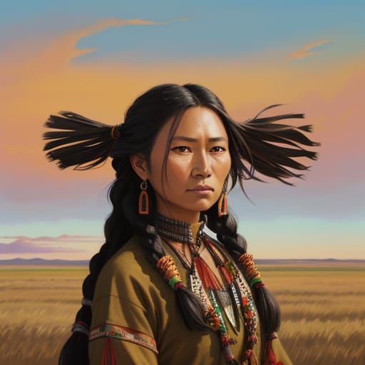 Sioux Woman on the Plains at Sunset