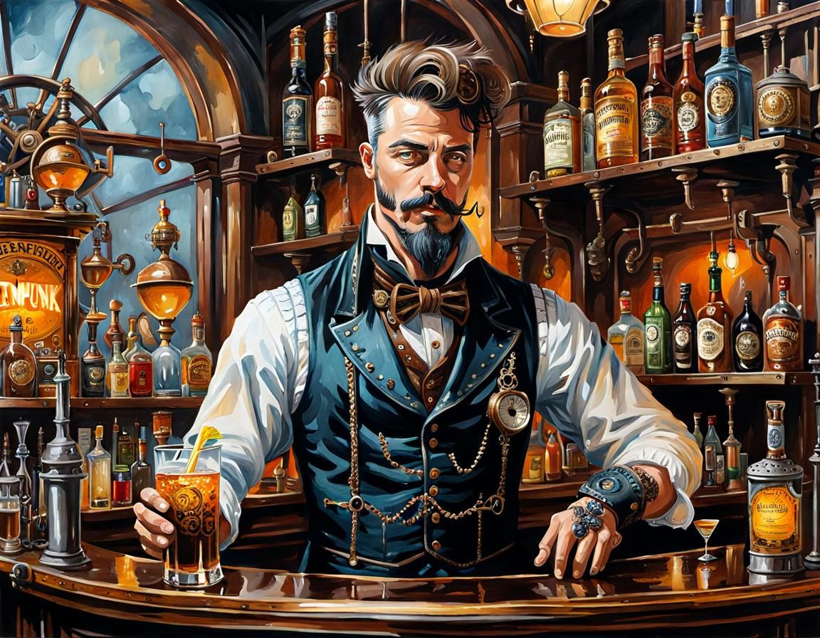 Steampunk Bartender in Victorian Gouache Style
