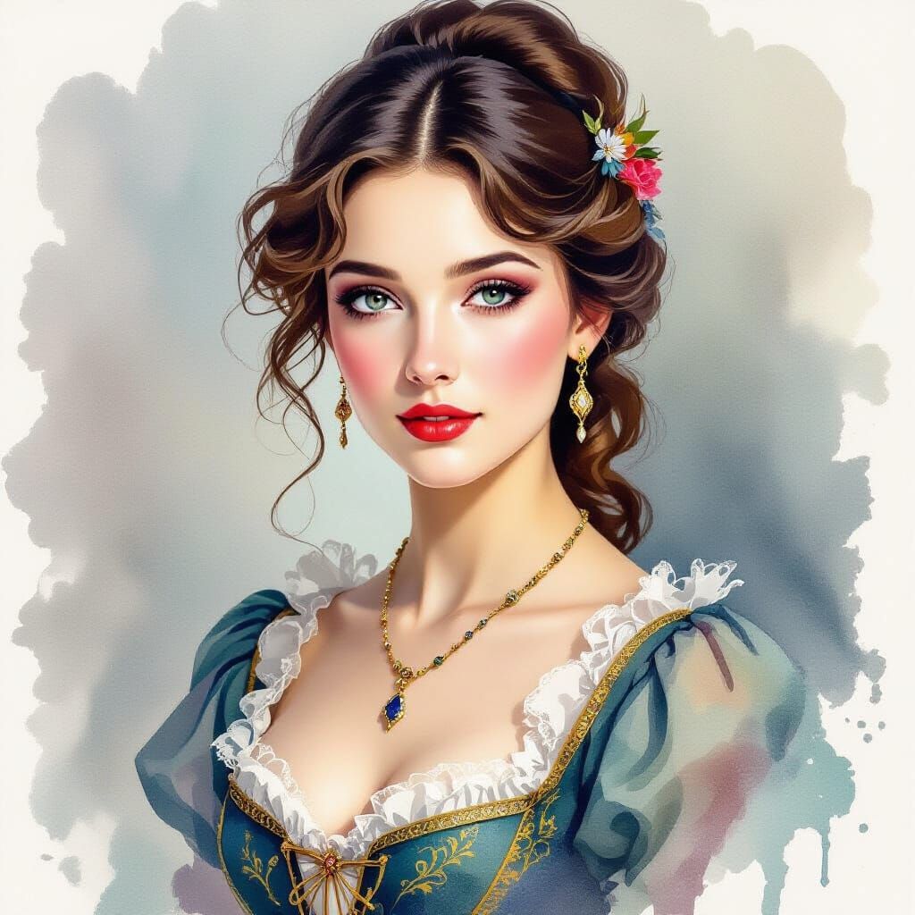 Elegant 1800s Woman Portrait in Ink and Watercolor