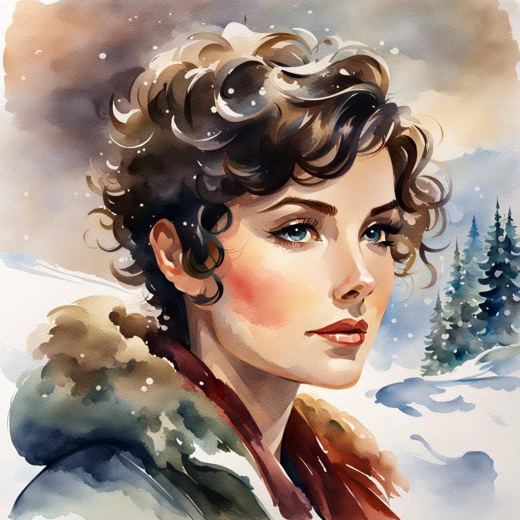 Brunette Pixie Cut in Watercolor Style