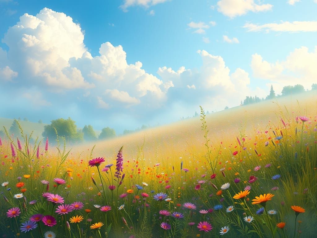 Ethereal Wildflower Meadow Under Blue Sky