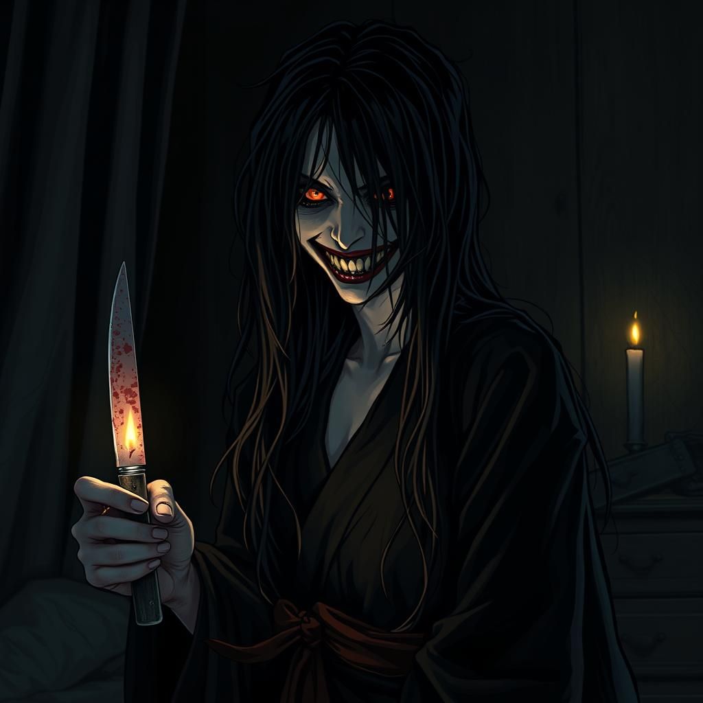 Eerie Bedroom Scene: Sadako-like Woman in Shadows