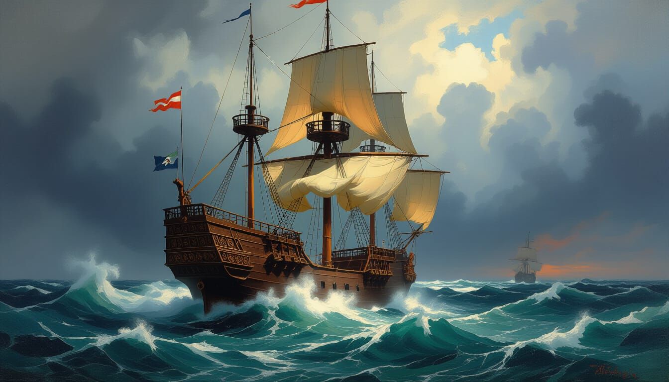 Galleon in Stormy Seas: Romantic Seascape