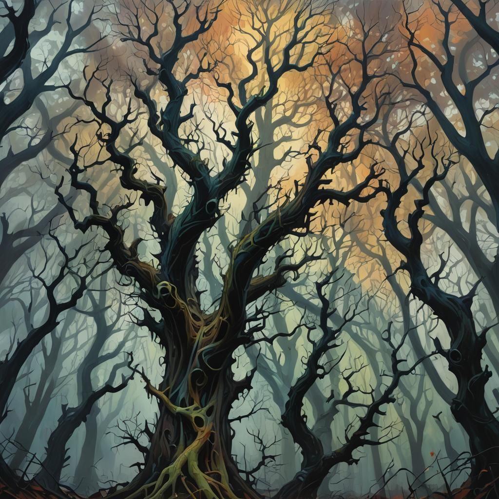 Eerie Surrealism: Twisted Trees in Moonlit Forest