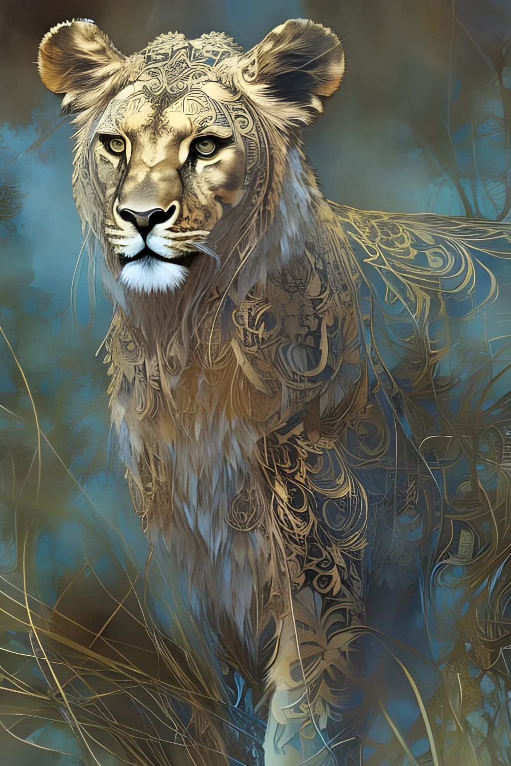 Detailed Lion Cub Portrait with Blue Aura