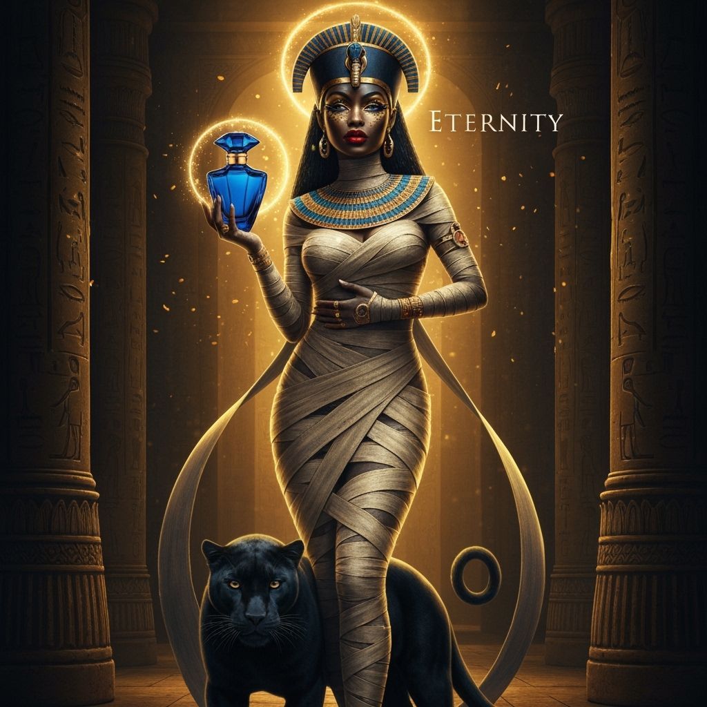 Egyptian Mummy Poses with Perfume Bottle in Fashion Editoria...