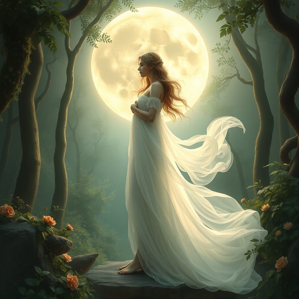 Moon Goddess in Dreamy Forest, Art Nouveau Style