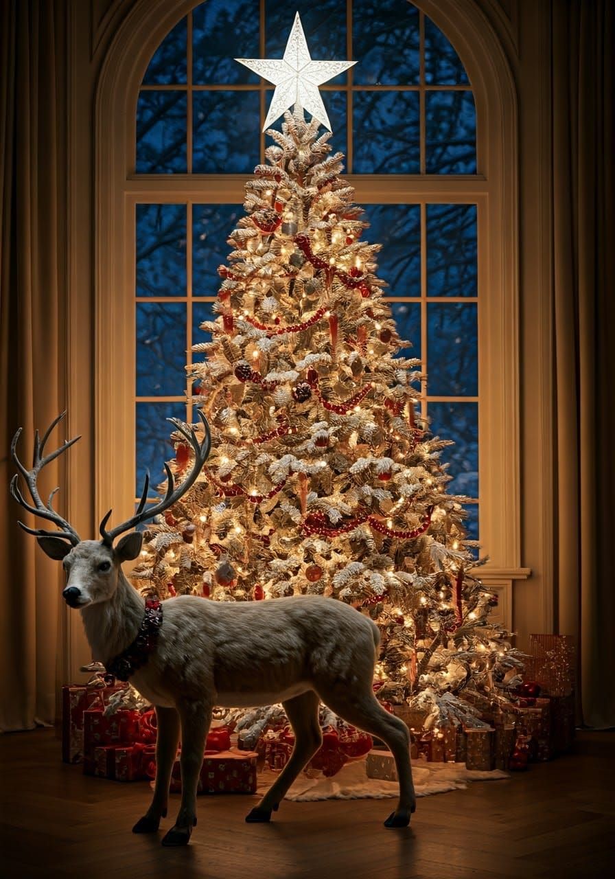 Surreal Christmas Scene with Photorealistic Reindeer and Flo...