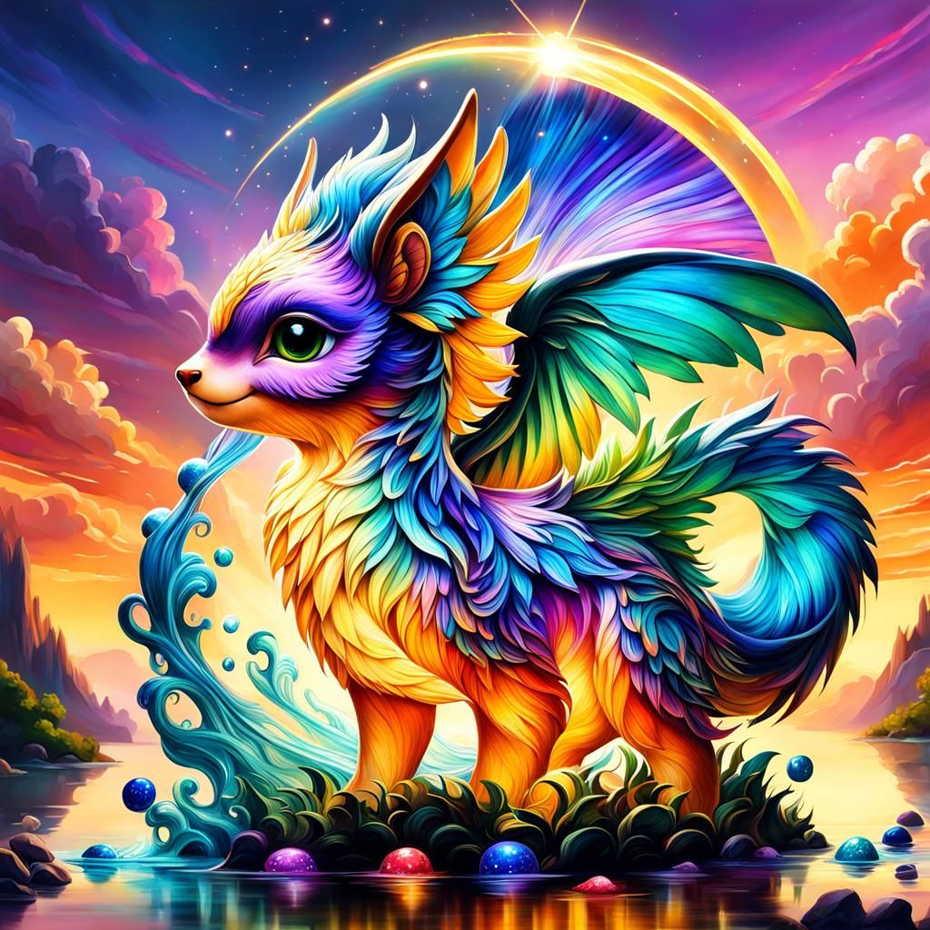 Colorful Mythical Creature at Sunset in Splash Art