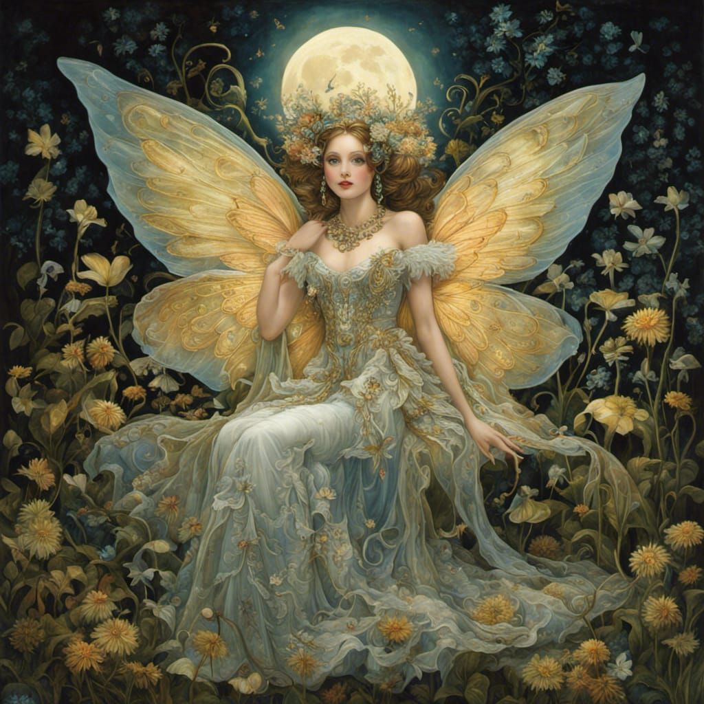 Winged Fairy with Moon Jewelry in Forest