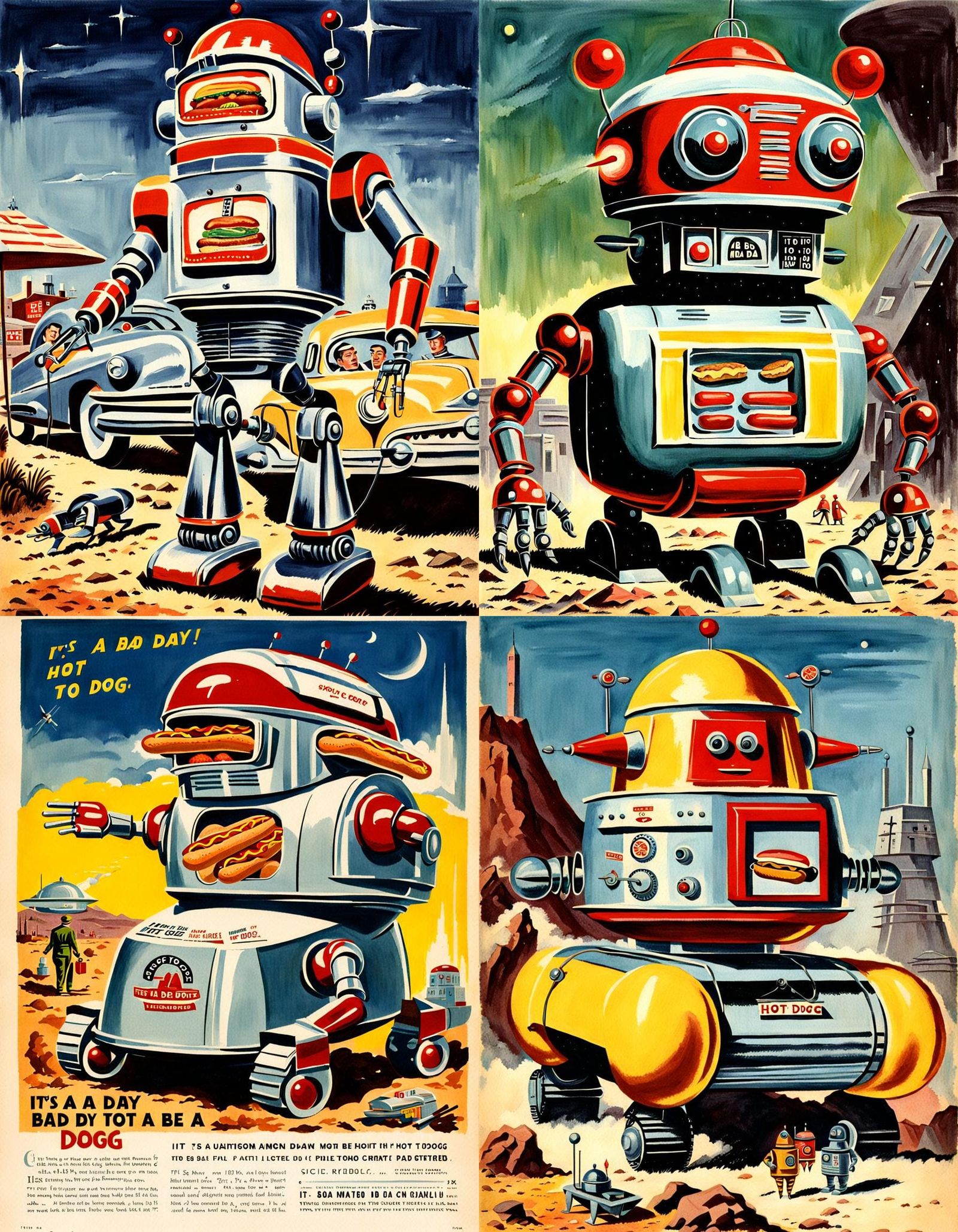 Existential Hot Dog Robot in 1950s Sci-Fi Style
