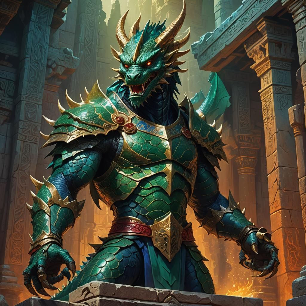 Dragon Warrior in Ancient Temple: Fantasy Concept Art