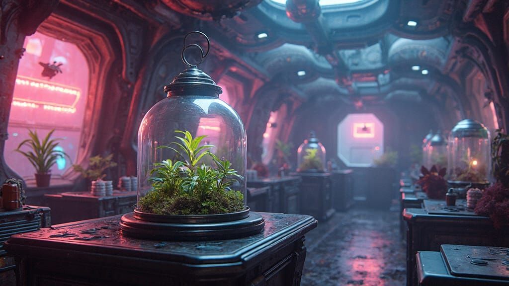 Cyberpunk Scientist in a Terrarium-Filled Space Lab