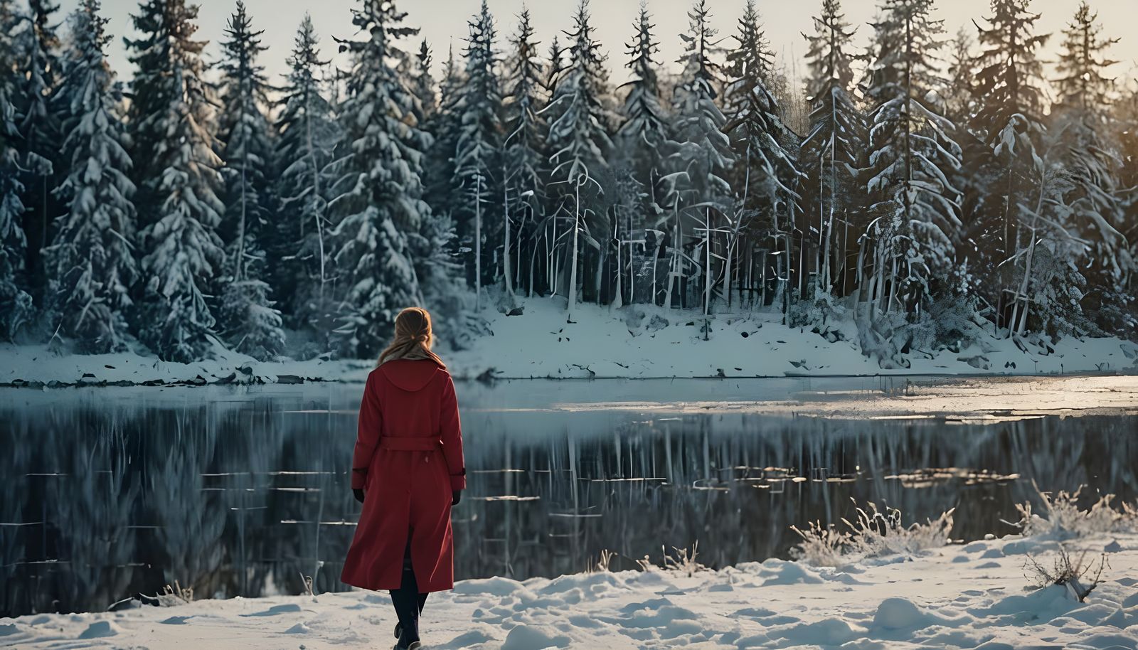 Woman in Red Cloak on Snowy Nordic Landscape
