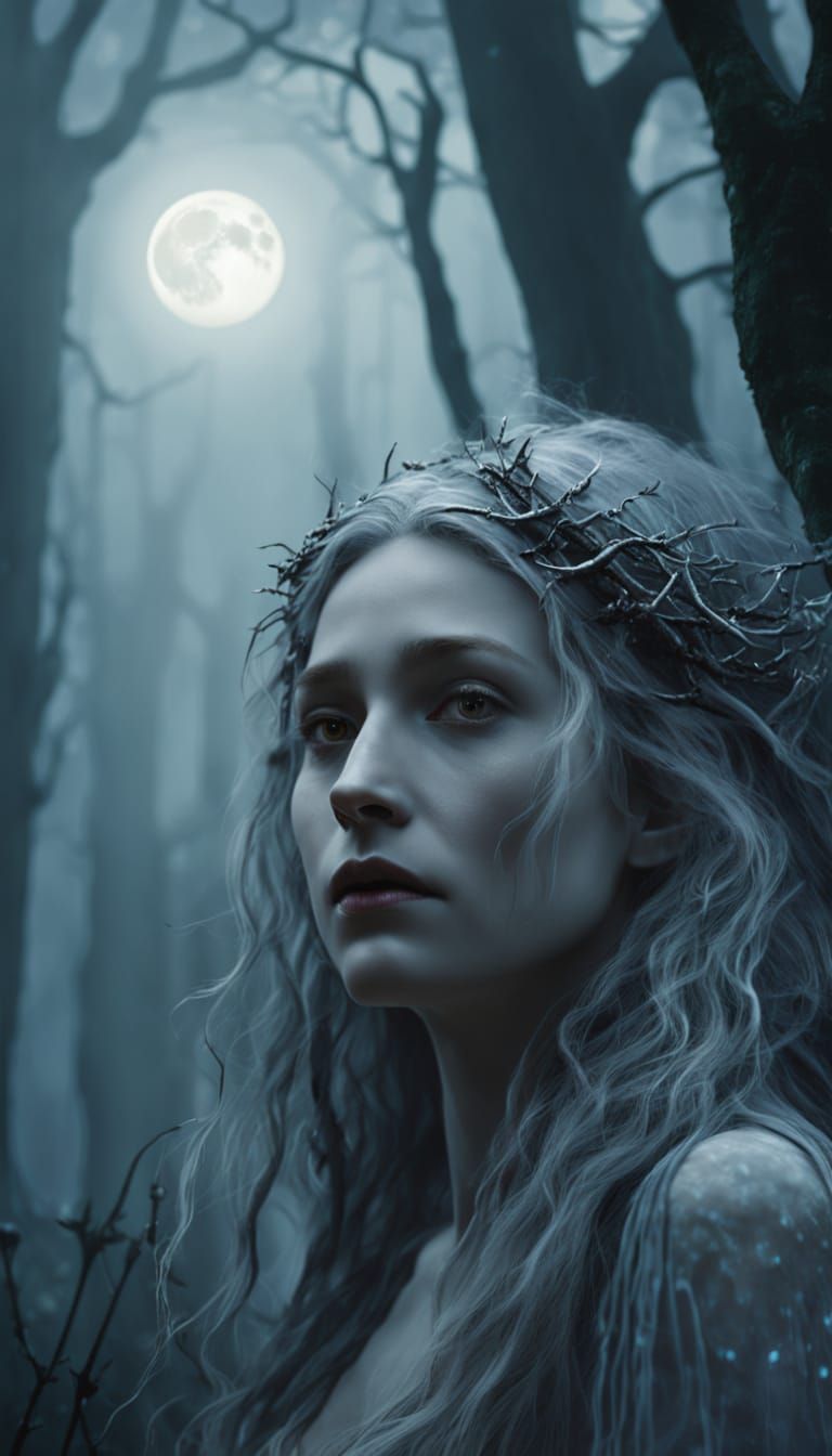 Ethereal Woman in Dark Fantasy Forest