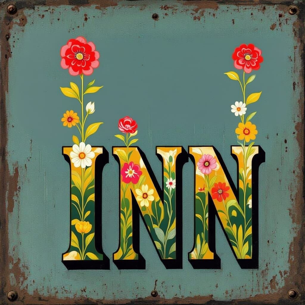 Gardens Inn Sign with Blooming Floral Illustrations in Carto...