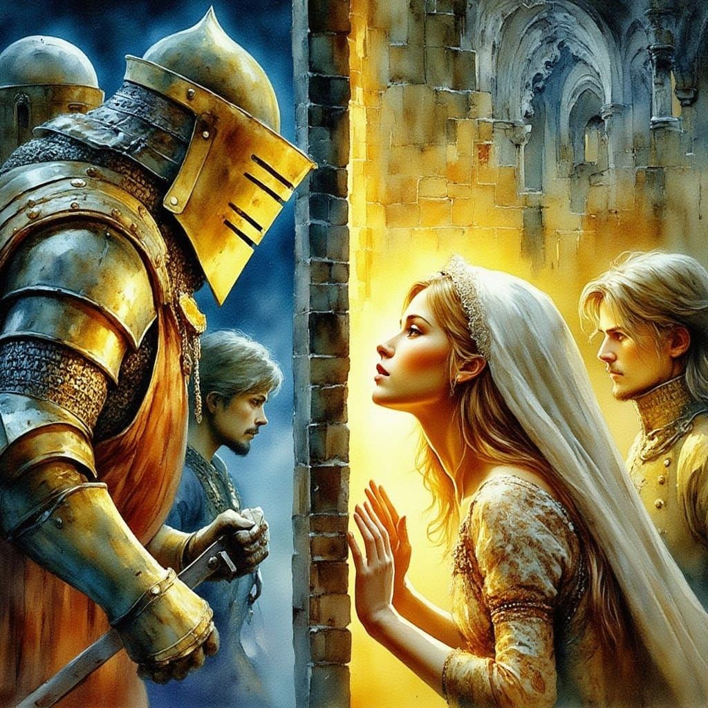 <lora:Old school w:1.0> Knight and maiden separated with wal...