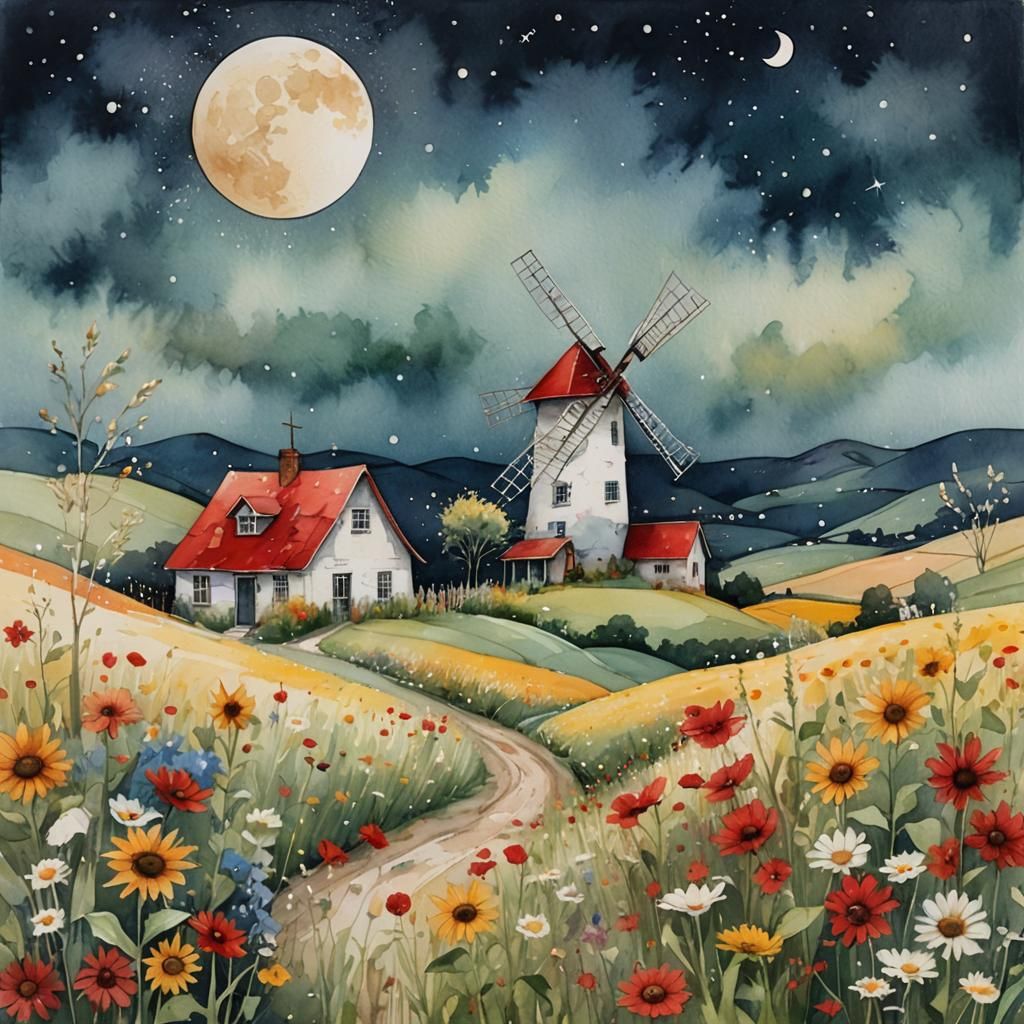 Whimsical Windmill House Watercolor Illustration at Night