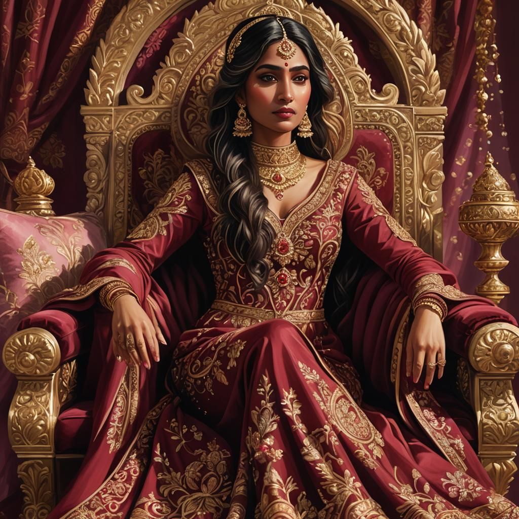 A digital painting in a hyperrealistic style of a South Asian woman with a regal bearing. She's adorned in a flowing cri...