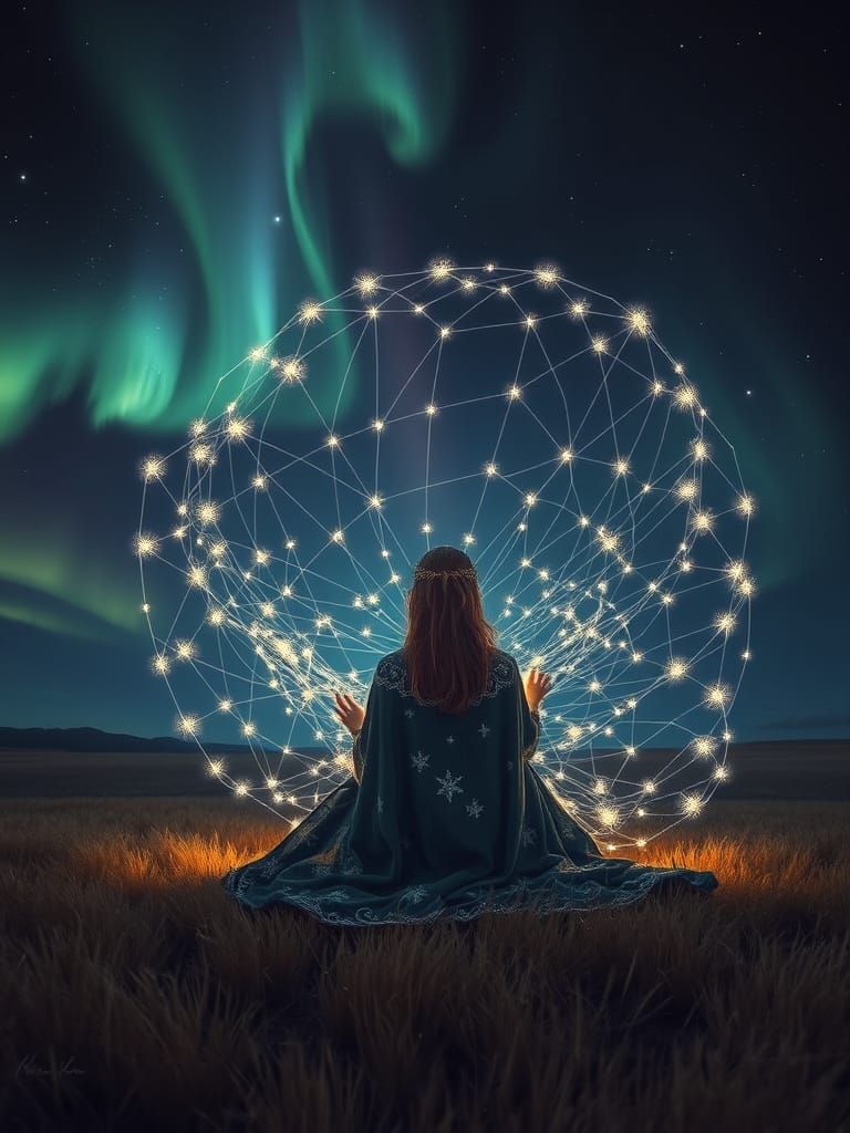 Mystical Woman Weaves Celestial Web Under Northern Lights