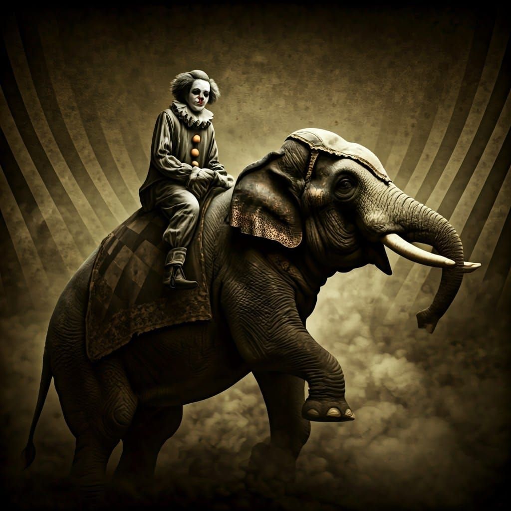 Ethereal Clown Rides Haunting Elephant in Abandoned Circus