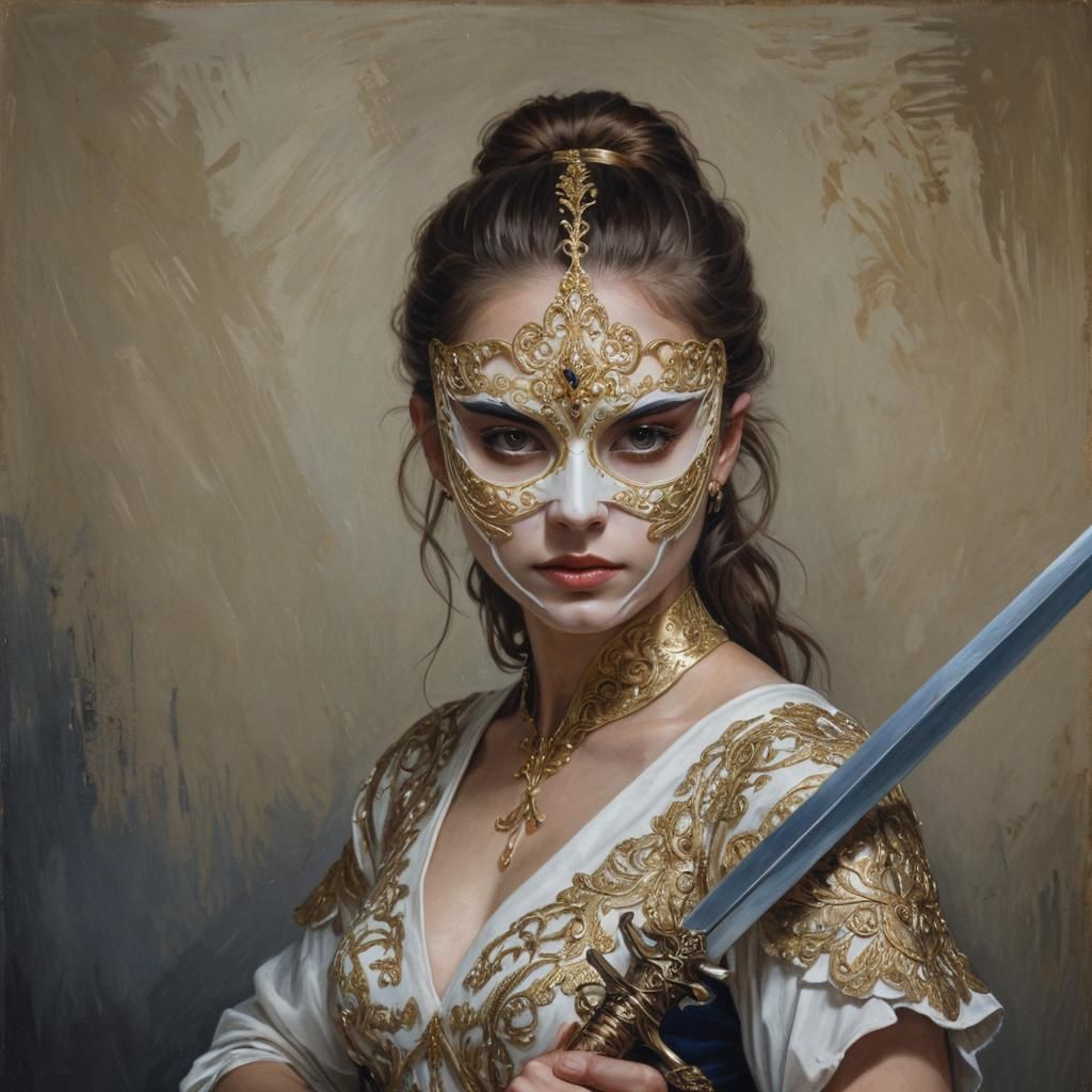 Woman Warrior with Mask in Hyperrealism Style