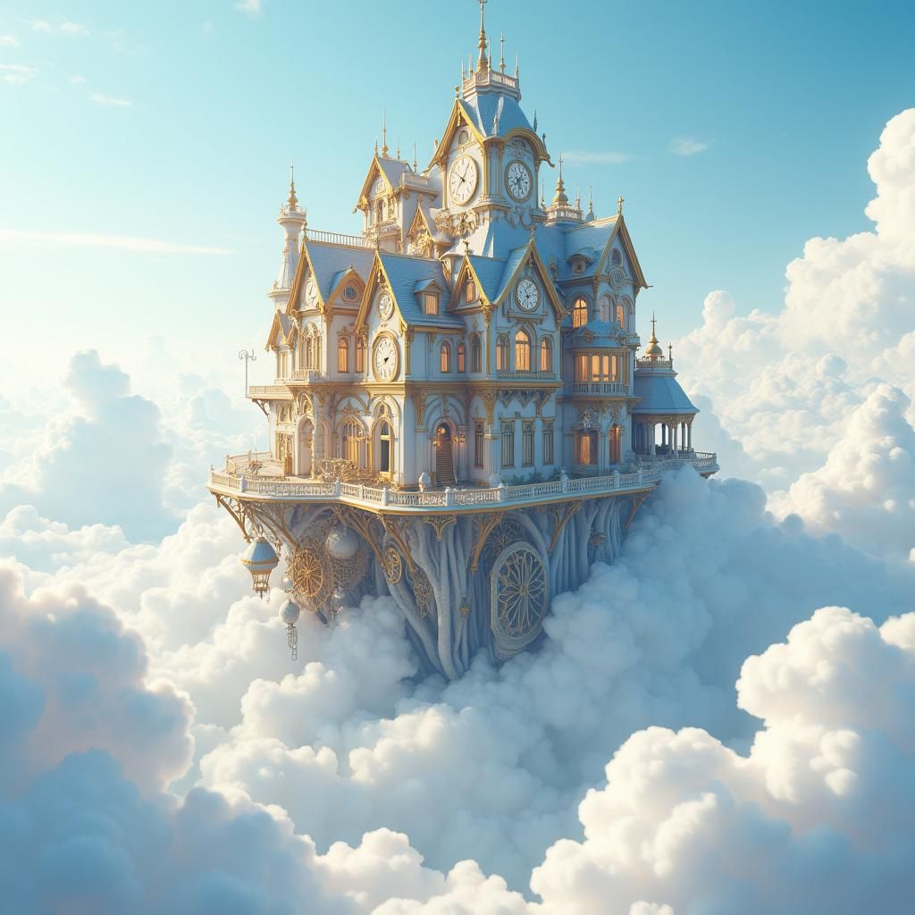 Clockwork House Floating in Clouds: 3D Anime Art