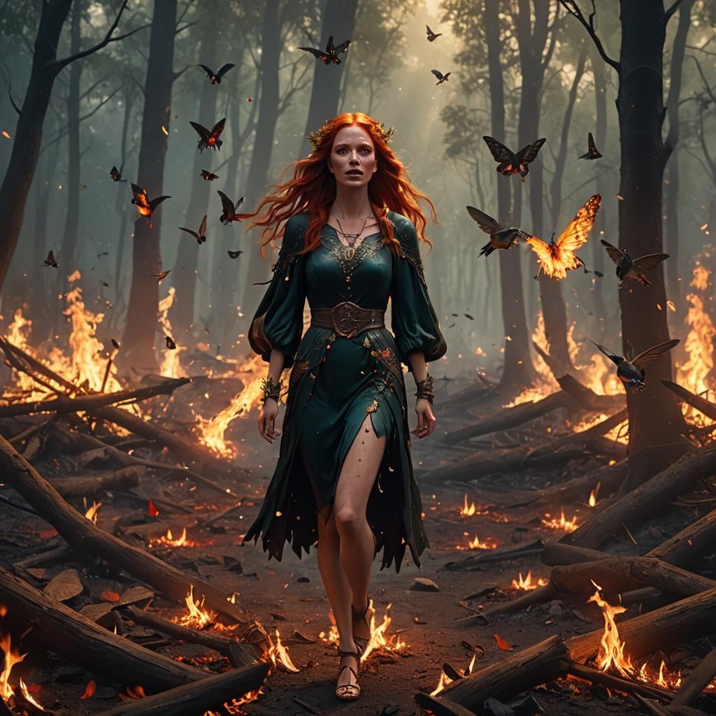 Redhead Princess Walks Through Fire: Dark Fantasy Art