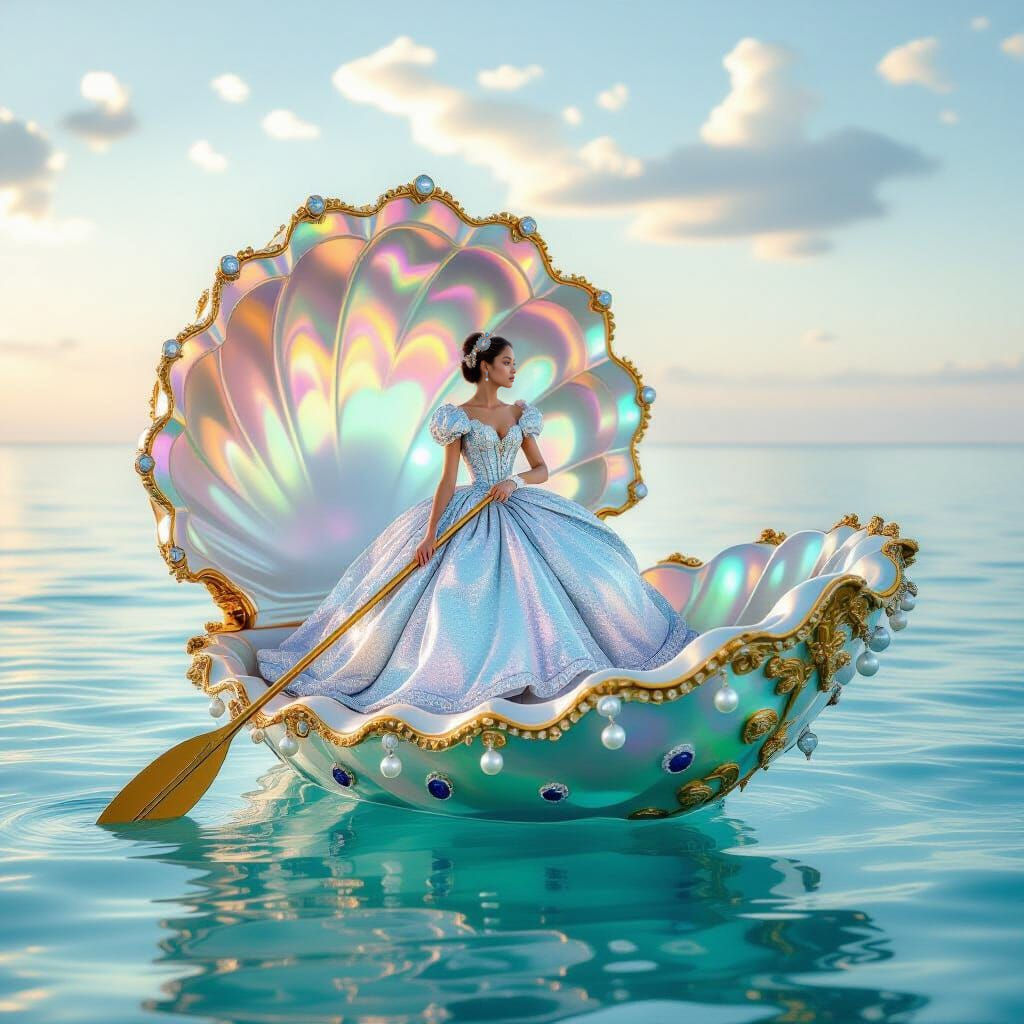 Bejeweled Seashell Voyage with Radiant Woman