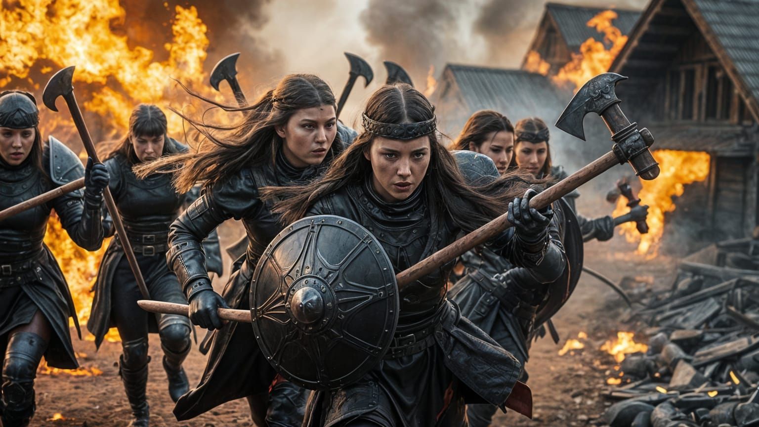 Viking Women Warriors in High-Gloss Armor Charge Through a B...