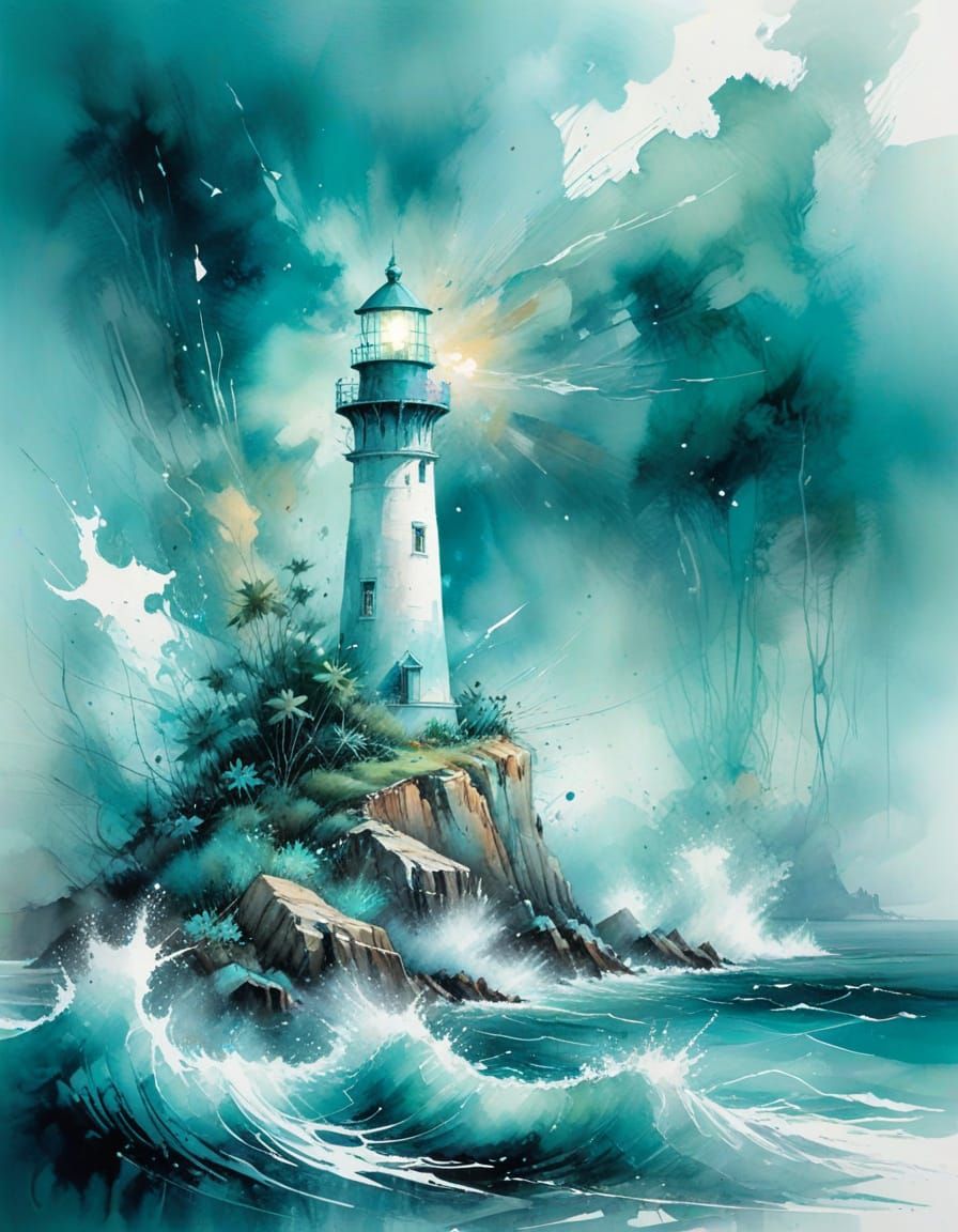 Turquoise Lighthouse in Misty Seascape: Watercolour Art