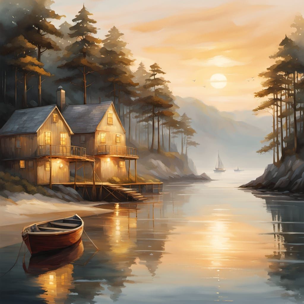 Boathouses at Daybreak in Painterly Style