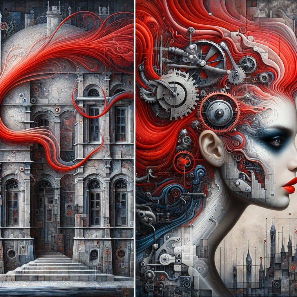 Surrealist Woman with Geometric Hair and Mechanical Building