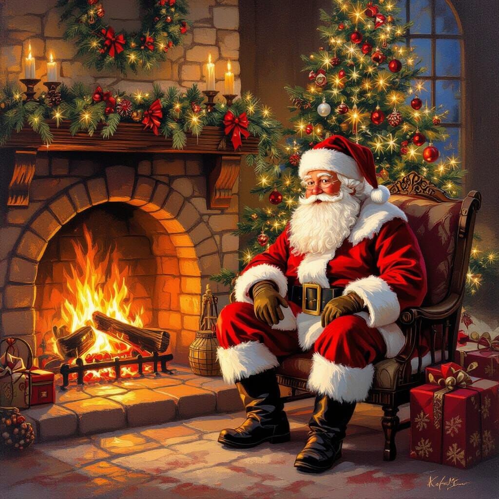 Cozy Christmas Scene: Santa by Fireplace and Tree