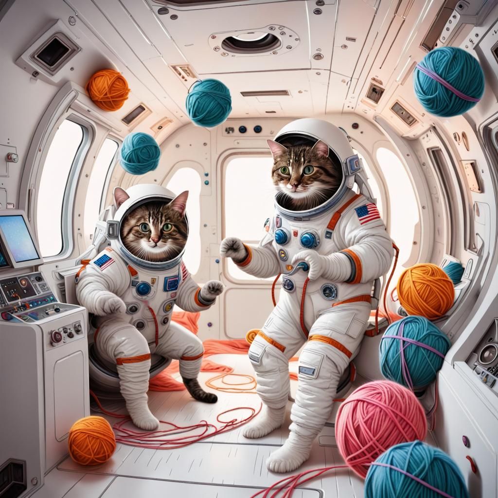 Cats in Spacesuits Play in Spaceship Cabin